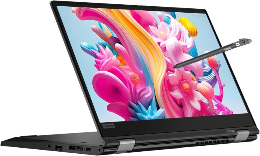 Imágen de un portátil convertible apoyado sobre suu teclado con la pantalla hacia delante con un lápiz tocando su pantalla